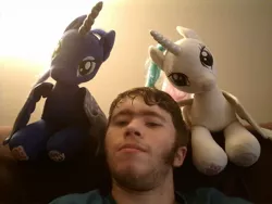 Size: 1600x1200 | Tagged: safe, banned from derpibooru, deleted from derpibooru, derpibooru import, princess celestia, princess luna, alicorn, human, irl, irl human, photo, plushie, selfie