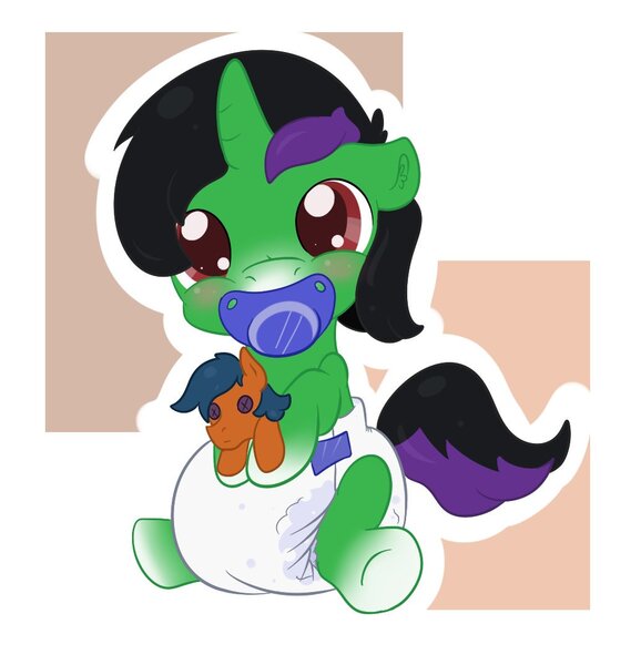 Size: 1034x1074 | Tagged: safe, artist:vitriolink, banned from derpibooru, deleted from derpibooru, derpibooru import, oc, oc:crescent star, unofficial characters only, pony, unicorn, colt, cute, diaper, foal, male, pacifier, plushie, poofy diaper, solo, weapons-grade cute