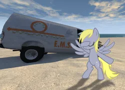 Size: 1502x1080 | Tagged: safe, artist:c00lguy, artist:uigsyvigvusy, banned from derpibooru, deleted from derpibooru, derpibooru import, derpy hooves, pony, beach, beamng.drive, crash, dab, derpy doing derpy things, ems, equestria mail service, eyes closed, mail, mod, post, spread wings, this will end in firing, van, wings
