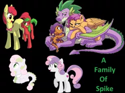 Size: 1024x761 | Tagged: artist needed, safe, artist:lopoddity, artist:unoriginai, banned from derpibooru, deleted from derpibooru, derpibooru import, edit, apple bloom, scootaloo, spike, sweetie belle, dracony, dragon, earth pony, hybrid, pegasus, pony, unicorn, black background, crusadespike, family, female, interspecies offspring, male, mare, offspring, older, older apple bloom, older scootaloo, older spike, older sweetie belle, parent:apple bloom, parent:scootaloo, parent:spike, parent:sweetie belle, parents:scootaspike, parents:spikebelle, parents:spikebloom, scootaspike, shipping, simple background, spikebelle, spikebloom, straight, text