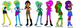 Size: 1533x584 | Tagged: safe, artist:thomasfan45, banned from derpibooru, deleted from derpibooru, derpibooru import, oc, oc:crystal petal, oc:golden spiral, oc:moonbeam, oc:ocean breeze, oc:the golden girls, oc:tiger lily, oc:violet tango, oc:woodland melody, equestria girls, barefoot, beach babe, bikini, boots, clothes, cute, disguise, disguised siren, feet, hypnotist, ocs: the golden girls, pajamas, pocket watch, sandals, sexy, shoes, slippers, solo, swimsuit