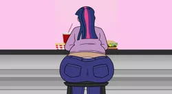 Size: 2728x1500 | Tagged: safe, artist:bigponiesinc, artist:irateliterate, banned from derpibooru, deleted from derpibooru, derpibooru import, edit, twilight sparkle, human, ass, burger, butt, fast food, fat, food, french fries, humanized, large butt, soda, solo, twibutt, twilard sparkle, twilight burgkle, twilight has a big ass