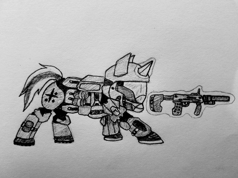 Size: 4032x3024 | Tagged: safe, artist:salvage, banned from derpibooru, deleted from derpibooru, derpibooru import, oc, oc:golden ray, unofficial characters only, unicorn, halo, halo (series), halo 3 odst, monochrome, odst, solo, traditional art