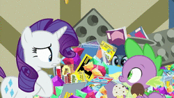 Size: 1920x1080 | Tagged: safe, banned from derpibooru, deleted from derpibooru, derpibooru import, screencap, gabby, rarity, spike, dragon, gryphon, pegasus, dragon dropped, spoiler:s09, animated, biting, comic book, flying, food, gemstones, hoof biting, ice cream, looking at each other, muffin tray, post office, shocked, smiling, sound, ta-da!, talking, webm