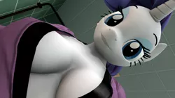 Size: 1920x1080 | Tagged: suggestive, artist:cm26, banned from derpibooru, deleted from derpibooru, derpibooru import, rarity, anthro, 3d, bathrobe, bathroom, breasts, busty rarity, cleavage, clothes, female, looking at you, pose, robe, solo, solo female, source filmmaker, standing