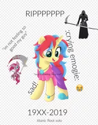 Size: 570x727 | Tagged: safe, banned from derpibooru, deleted from derpibooru, derpibooru import, pinkie pie, oc, oc:stormfall drizzle, alpha channel, bottom text, cute, death, grim reaper, sad