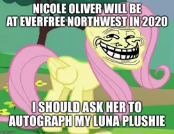 Size: 647x500 | Tagged: safe, banned from derpibooru, deleted from derpibooru, derpibooru import, edit, edited screencap, screencap, fluttershy, princess luna, 2020, autograph, caption, convention, everfree northwest, fluttertroll, image macro, luna is best princess, meme, nicole oliver, plushie, text, troll, trollface