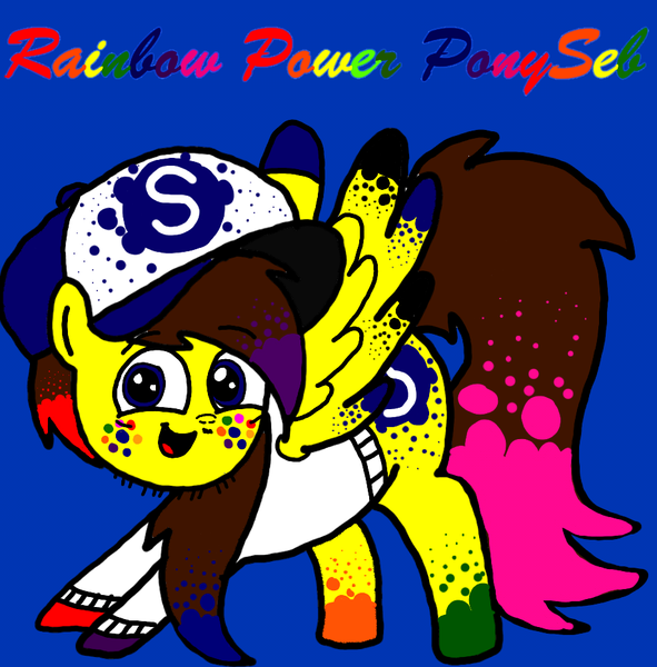 Size: 920x934 | Tagged: safe, artist:sebtheartist, banned from derpibooru, deleted from derpibooru, derpibooru import, oc, oc:ponyseb, pegasus, pony, blue background, cap, clothes, cute, cutie mark, hat, ocbetes, rainbow power, rainbow power-ified, simple background, smiling, smiling at you, snapback, spread wings, sweater, text, wings