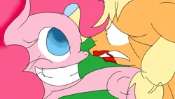 Size: 1200x675 | Tagged: safe, banned from derpibooru, deleted from derpibooru, derpibooru import, applejack, pinkie pie, earth pony, pony, smile hd, 1000 hours in ms paint, abuse, blood, jackabuse, punch, scared, scared shitless