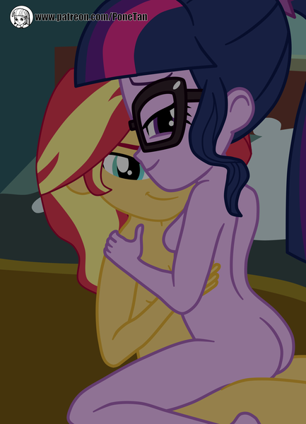 Size: 4000x5538 | Tagged: questionable, artist:cloppy hooves, banned from derpibooru, deleted from derpibooru, derpibooru import, sci-twi, sunset shimmer, twilight sparkle, equestria girls, ass, bed, bedroom eyes, breasts, butt, female, glasses, lesbian, lidded eyes, looking at you, looking back, looking back at you, looking over shoulder, nudity, sexy, shipping, sideboob, smiling, sunset's apartment, sunsetsparkle, twibutt