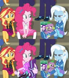 Size: 1914x2160 | Tagged: safe, artist:daarkenn, artist:phucknuckl, artist:sketchmcreations, artist:titanium-pony, banned from derpibooru, deleted from derpibooru, derpibooru import, edit, edited screencap, screencap, golden hazel, marco dafoy, pinkie pie, spike, spike the regular dog, starlight glimmer, sunset shimmer, track starr, trixie, dog, equestria girls, equestria girls series, sock it to me, spoiler:choose your own ending (season 2), spoiler:eqg series (season 2), angry, bleachers, boots, clothes, comic, crossed legs, female, flirting, hoodie, it was at this moment that he knew he fucked up, jealous, kneesocks, love triangle, lucky bastard, male, screencap comic, shipping, shoes, smug, sock it to me: trixie, socks, sparlight, spike gets all the equestria girls, spixie, straight, vector