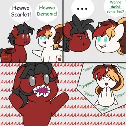 Size: 3000x3000 | Tagged: safe, artist:solardoodles, derpibooru import, oc, oc:demonic hooves, oc:scarlet serenade, pegasus, pony, unicorn, aaaaaaaaaa, chibi, comic, comic sans, duo, female, giggling, male, screaming