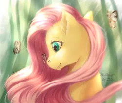 Size: 2932x2480 | Tagged: safe, artist:platinumfeather2002, banned from derpibooru, deleted from derpibooru, derpibooru import, butterfly, pony, bust, flutteshy, insect on nose, portrait, signature, smiling, solo focus