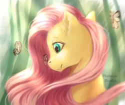 Size: 2932x2480 | Tagged: safe, artist:platinumfeather2002, banned from derpibooru, deleted from derpibooru, derpibooru import, fluttershy, butterfly, pegasus, pony, bust, female, image, insect on nose, mare, png, portrait, signature, smiling, solo focus