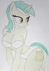 Size: 1920x2788 | Tagged: suggestive, artist:olivergriffiths, banned from derpibooru, deleted from derpibooru, derpibooru import, lyra heartstrings, anthro, unicorn, beach babe, beautiful, bra, breasts, busty lyra heartstrings, butt, choker, cleavage, clothes, cutie mark, deviantart watermark, female, horn, image, jpeg, legs, looking at you, mane, obtrusive watermark, panties, photo, sexy, simple background, skin, smiling, solo, solo female, traditional art, underwear, watermark, white background