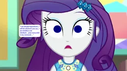 Size: 1097x616 | Tagged: safe, artist:thomasfan45, banned from derpibooru, deleted from derpibooru, derpibooru import, rarity, equestria girls, equestria girls series, blank expression, description is relevant, hypno eyes, hypnority, hypnosis, hypnotized, mantra, obedience, open mouth, slave, solo, story included, swirly eyes, text