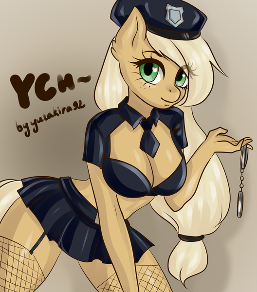 Size: 2200x2500 | Tagged: suggestive, artist:yutakira92, banned from derpibooru, deleted from derpibooru, derpibooru import, applejack, oc, anthro, adorasexy, big breasts, breasts, busty applejack, commission, cuffs, cute, female, fishnets, police uniform, sexy, solo, ych example, your character here