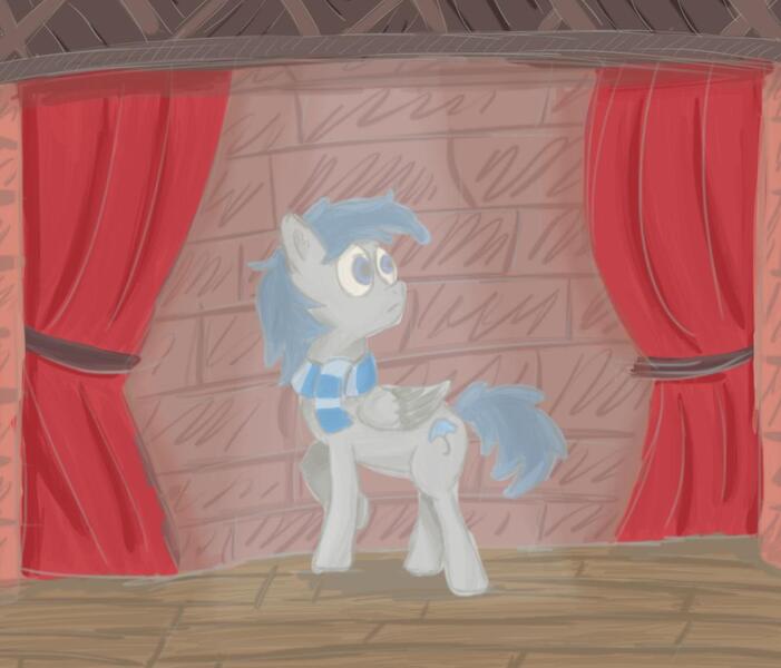 Size: 1208x1034 | Tagged: safe, artist:qewcat, banned from derpibooru, deleted from derpibooru, derpibooru import, oc, oc:qewcat, pegasus, clothes, scarf, solo, stage