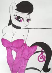 Size: 1920x2665 | Tagged: suggestive, artist:olivergriffiths, banned from derpibooru, deleted from derpibooru, derpibooru import, octavia melody, anthro, earth pony, breasts, busty octavia, butt, cleavage, clothes, collar, cutie mark, dress, female, jewelry, leash, legs, looking at you, necklace, sex slave, sexy, simple background, slave, solo, solo female, traditional art, white background