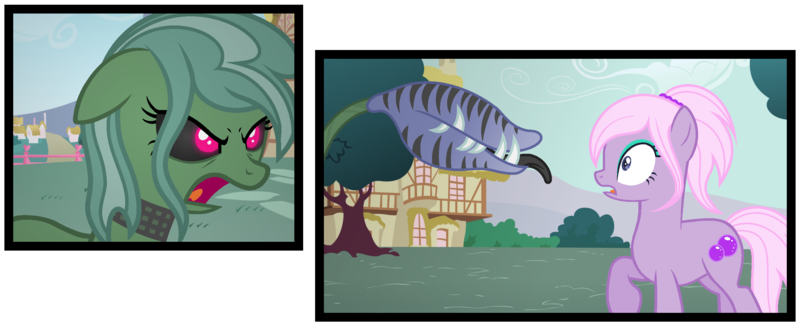 Size: 2544x1040 | Tagged: safe, artist:razorbladetheunicron, banned from derpibooru, deleted from derpibooru, derpibooru import, oc, oc:lilac, oc:lost woods, oc:prairie, unofficial characters only, earth pony, original species, plant pony, pony, lateverse, base used, corrupted, duo, evil, eyeshadow, makeup, next generation, offspring, parent:birch bucket, parent:lotus blossom, parents:lotusbucket, plant, twins