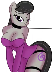 Size: 1920x2665 | Tagged: suggestive, artist:olivergriffiths, artist:toyminator900, banned from derpibooru, color edit, deleted from derpibooru, derpibooru import, edit, octavia melody, anthro, earth pony, breasts, busty octavia, butt, cleavage, clothes, collar, colored, cutie mark, dress, evening gloves, female, gloves, jewelry, leash, legs, long gloves, looking at you, necklace, remake, sex slave, sexy, simple background, slave, solo, solo female, white background