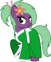 Size: 2795x3397 | Tagged: safe, artist:feathertrap, banned from derpibooru, deleted from derpibooru, derpibooru import, oc, oc:spring bloom, unofficial characters only, earth pony, pony, chopsticks in hair, clothes, female, flower, flower in hair, mare, simple background, solo, vaguely asian robe