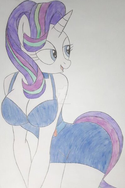 Size: 728x1097 | Tagged: questionable, artist:olivergriffiths, banned from derpibooru, deleted from derpibooru, derpibooru import, starlight glimmer, anthro, pony, unicorn, beautiful, breasts, butt, clothes, cute, date night, deviantart watermark, dress, female, legs, looking at you, obtrusive watermark, photo, sexy, solo, tail, traditional art, watermark