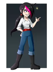 Size: 2265x3072 | Tagged: safe, artist:zoe-975, banned from derpibooru, deleted from derpibooru, derpibooru import, oc, oc:zoe star pink, human, equestria girls, boots, clothes, crossover, disney, equestria girls-ified, female, finger gun, high res, pants, prince eric, shoes, simple background, solo, the little mermaid, transparent background