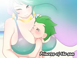 Size: 5000x3738 | Tagged: suggestive, artist:evoheaven, banned from derpibooru, deleted from derpibooru, derpibooru import, princess celestia, spike, human, beach, big breasts, bikini, breasts, busty princess celestia, child, clothes, ear piercing, erect nipples, female, huge breasts, humanized, jewelry, lucky bastard, male, milf, momlestia, necklace, nipple outline, piercing, shipping, spikelestia, straight, straight shota, stupid sexy celestia, swimsuit