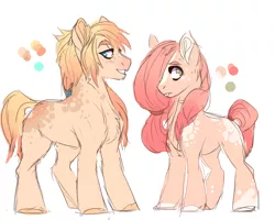 Size: 2000x1600 | Tagged: safe, artist:dingobreath, banned from derpibooru, deleted from derpibooru, derpibooru import, oc, oc:strawberry, oc:sunny, earth pony, pony, brother and sister, colt, female, filly, height difference, image, magical lesbian spawn, male, offspring, parent:applejack, parent:fluttershy, parents:appleshy, png, reference, siblings, smiling, twins