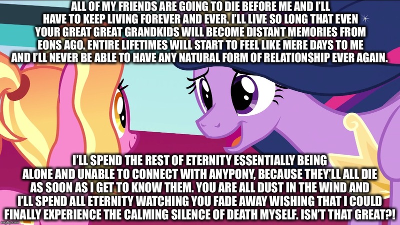 Size: 1136x640 | Tagged: semi-grimdark, banned from derpibooru, deleted from derpibooru, derpibooru import, edit, edited screencap, screencap, luster dawn, twilight sparkle, alicorn, the last problem, leak, caption, depressing, fridge horror, homestar runner, image macro, immortality blues, meme, princess twilight 2.0, sad, text, twilight sparkle (alicorn)