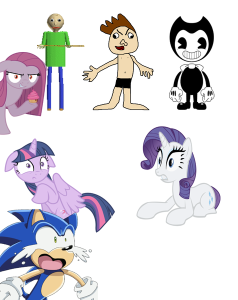 Size: 948x1194 | Tagged: safe, artist:crazyjoez, banned from derpibooru, deleted from derpibooru, derpibooru import, pinkie pie, rarity, twilight sparkle, alicorn, 1000 hours in ms paint, baldi, baldi's basics in education and learning, bendy, bendy and the ink machine, crying, cupcake, female, food, male, mare, pinkamena diane pie, ruler, scared, shocked, simple background, sonic the hedgehog, sonic the hedgehog (series), the threatners, twilight sparkle (alicorn), wat, white background