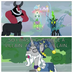 Size: 1936x1936 | Tagged: safe, banned from derpibooru, deleted from derpibooru, derpibooru import, edit, edited screencap, screencap, cozy glow, lord tirek, queen chrysalis, spike, star swirl the bearded, alicorn, centaur, changeling, changeling queen, dragon, unicorn, shadow play, the ending of the end, leak, bell, broken aesop, female, grogar's bell, hostage, mixed moral, torture, winged spike