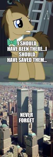 Size: 500x1481 | Tagged: safe, banned from derpibooru, deleted from derpibooru, derpibooru import, edit, edited screencap, screencap, doctor whooves, time turner, 9/11, comic, screencap comic, tribute, twin towers, world trade center