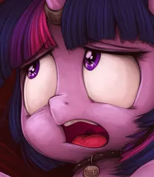 Size: 409x468 | Tagged: semi-grimdark, suggestive, artist:darkstylerz, banned from derpibooru, deleted from derpibooru, derpibooru import, twilight sparkle, unicorn, collar, cropped, fear, female, horn, horn ring, implied bdsm, magic suppression, patreon, paywall content, pet tag, ring, scared, solo, solo female