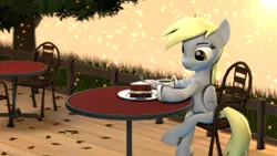 Size: 3840x2160 | Tagged: safe, artist:xppp1n, banned from derpibooru, deleted from derpibooru, derpibooru import, derpy hooves, 3d, cake, food, mug, solo, source filmmaker