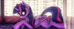 Size: 5120x2032 | Tagged: suggestive, artist:shydale, artist:shydale edits, banned from derpibooru, deleted from derpibooru, derpibooru import, edit, twilight sparkle, twilight sparkle (alicorn), alicorn, pony, adorasexy, bed, cute, female, glasses, mare, prone, rose petals, sexy, solo, sultry pose, upscaled