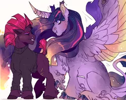 Size: 2000x1600 | Tagged: safe, artist:dingobreath, banned from derpibooru, deleted from derpibooru, derpibooru import, tempest shadow, twilight sparkle, twilight sparkle (alicorn), alicorn, pony, unicorn, alternate design, blushing, broken horn, chest fluff, clothes, cloven hooves, colored hooves, dusk shine, ethereal mane, eyes closed, female, flustered, hoof fluff, horn, image, large horn, leg fluff, leonine tail, lesbian, long feather, male, mare, png, prince dusk, raised tail, rule 63, scar, shipping, short tail, simple background, spread wings, story included, suggestive description, sweater, tail, tempestlight, twitterina design, ultimate twilight, unshorn fetlocks, white background, wing claws, wingboner, wings