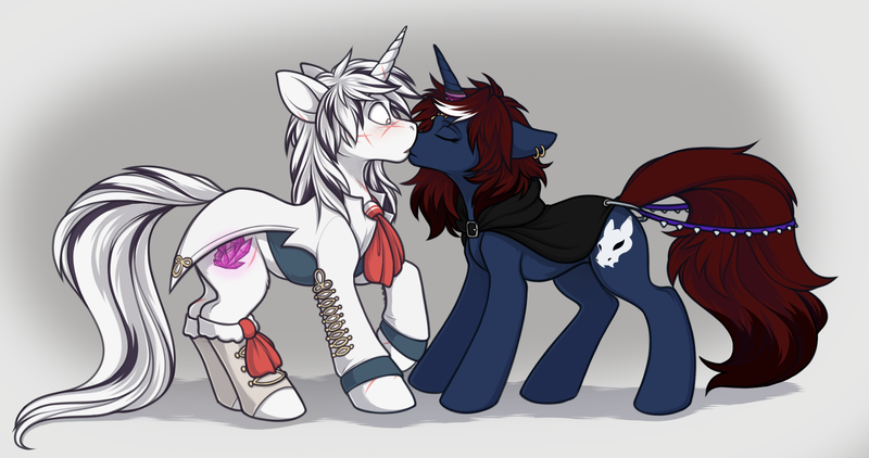 Size: 1990x1049 | Tagged: safe, artist:cassiusdrawsthings, banned from derpibooru, deleted from derpibooru, derpibooru import, oc, oc:death care, oc:yiazmat, pony, unicorn, black and white mane, female, kissing, male, scar, shipping, straight, surprised