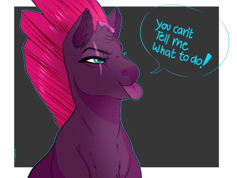Size: 1024x768 | Tagged: safe, artist:z0rdic, banned from derpibooru, deleted from derpibooru, derpibooru import, tempest shadow, pony, unicorn, :p, abstract background, brat, broken horn, chest fluff, cute, ear fluff, eye scar, female, horn, lidded eyes, mare, missing accessory, scar, simple background, solo, speech, speech bubble, talking, tempestbetes, tongue out, transparent background