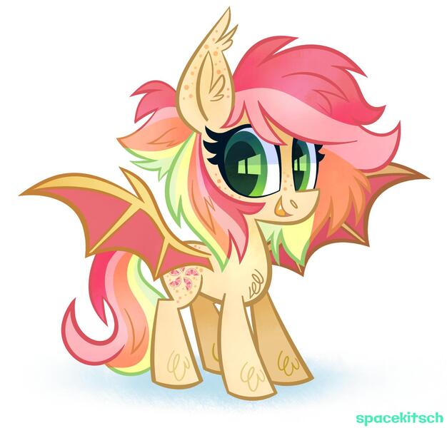 Size: 1500x1438 | Tagged: safe, artist:spacekitsch, banned from derpibooru, deleted from derpibooru, derpibooru import, oc, bat pony, pony, bat pony oc, bat wings, commission, fangs, female, freckles, green eyes, mare, multicolored hair, simple background, smiling, wings