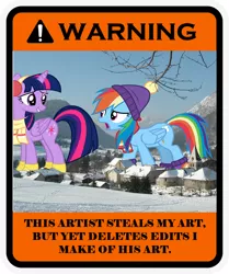 Size: 900x1078 | Tagged: source needed, safe, anonymous artist, banned from derpibooru, deleted from derpibooru, derpibooru import, rainbow dash, twilight sparkle, twilight sparkle (alicorn), alicorn, pegasus, pony, background pony strikes again, beanie, boots, butthurt, clothes, complaining, double standard, drama, earmuffs, giant pony, hat, horn, hypocrisy, insane troll logic, macro, mountain, pouting, real life background, reality ensues, scarf, scenery, shoes, smiling, snow, village, warning, warning sign, wings, winter outfit