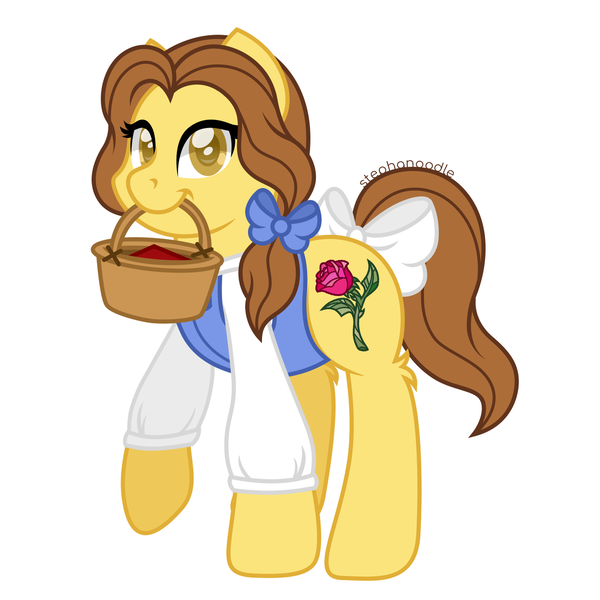 Size: 1280x1280 | Tagged: safe, artist:stephanoodle, banned from derpibooru, deleted from derpibooru, derpibooru import, ponified, earth pony, pony, basket, beauty and the beast, belle, bow, clothes, crossover, disney, disney princess, female, leg fluff, looking at you, mare, simple background, solo, tail bow, white background