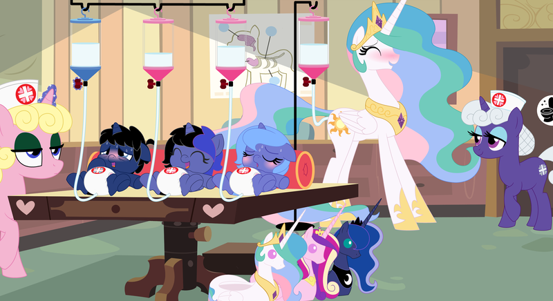 Size: 11000x6000 | Tagged: questionable, artist:evilfrenzy, banned from derpibooru, deleted from derpibooru, derpibooru import, princess celestia, princess luna, oc, oc:cruithne, oc:frenzy, anal insertion, diaper, enema, female, filly, foalcon, insertion, potty, underage, woona, younger