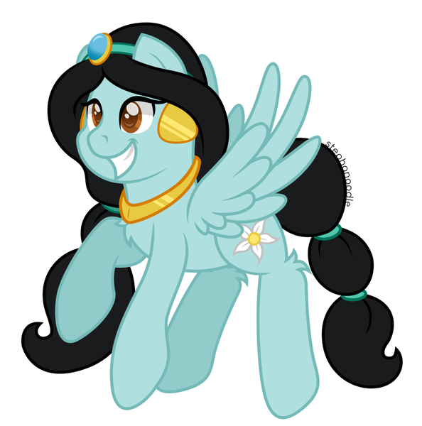 Size: 1280x1292 | Tagged: safe, artist:stephanoodle, banned from derpibooru, deleted from derpibooru, derpibooru import, ponified, pegasus, pony, chest fluff, crossover, disney, disney princess, ear piercing, earring, female, headband, jasmine, jewel, jewelry, leg fluff, mare, necklace, piercing, regalia, simple background, smiling, solo, white background