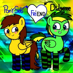 Size: 2009x2009 | Tagged: safe, artist:sebtheartist, banned from derpibooru, deleted from derpibooru, derpibooru import, oc, oc:didgeree, oc:ponyseb, pegasus, pony, abstract background, blushing, clothes, cute, duo, duo male, friend, male, smiling, socks, striped socks