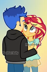 Size: 1242x1920 | Tagged: safe, artist:paulysentry, banned from derpibooru, deleted from derpibooru, derpibooru import, flash sentry, sunset shimmer, equestria girls, female, flashimmer, male, obtrusive watermark, shipping, straight, watermark