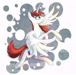 Size: 706x692 | Tagged: safe, artist:blitzpony, banned from derpibooru, deleted from derpibooru, derpibooru import, oc, oc:fausticorn, ponified, unofficial characters only, alicorn, pony, abstract background, alicorn oc, female, flying, horn, lauren faust, mare, smiling, solo, spread wings, wings