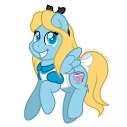 Size: 1223x1223 | Tagged: safe, artist:stephanoodle, banned from derpibooru, deleted from derpibooru, derpibooru import, ponified, pegasus, pony, alice, alice in wonderland, bow, clothes, crossover, cup, disney, female, filly, foal, leg fluff, ribbon, simple background, smiling, solo, tail bow, teacup, white background