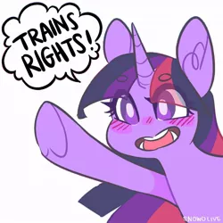 Size: 894x894 | Tagged: safe, artist:snowolive, banned from derpibooru, deleted from derpibooru, derpibooru import, edit, twilight sparkle, pony, beanbrows, blushing, dialogue, eye clipping through hair, eyebrows, female, heart, heart hoof, mare, mouthpiece, open mouth, politics, simple background, solo, speech bubble, train, underhoof, white background
